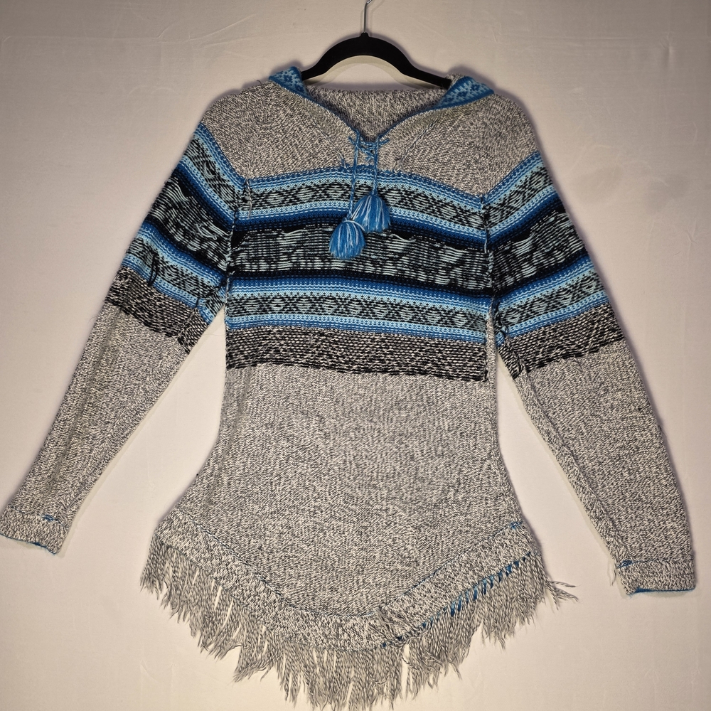 Ecologic Arts Gray and Blue Hooded Sweater with Fringe Made From Alpaca.
